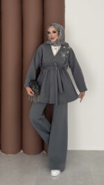 Yıldız Nakışlı Şardonlu İkili Takım - Antrasit - Görsel 2