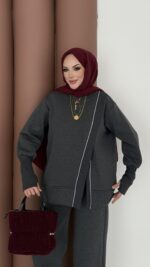 Muadil Asimetrik Fermuarlı İkili Takım - Antrasit - Görsel 4