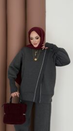 Muadil Asimetrik Fermuarlı İkili Takım - Antrasit - Görsel 7