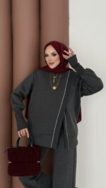 Muadil Asimetrik Fermuarlı İkili Takım - Antrasit - Görsel 6