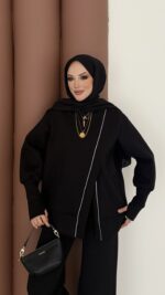 Muadil Asimetrik Fermuarlı İkili Takım - Siyah - Görsel 3