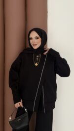 Muadil Asimetrik Fermuarlı İkili Takım - Siyah - Görsel 5