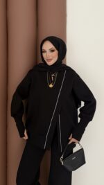 Muadil Asimetrik Fermuarlı İkili Takım - Siyah - Görsel 4