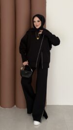 Muadil Asimetrik Fermuarlı İkili Takım - Siyah - Görsel 2