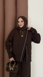 Muadil Asimetrik Fermuarlı İkili Takım - Kahverengi - Görsel 9