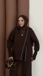 Muadil Asimetrik Fermuarlı İkili Takım - Kahverengi - Görsel 10