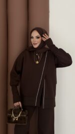 Muadil Asimetrik Fermuarlı İkili Takım - Kahverengi - Görsel 6