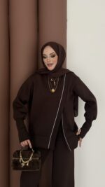 Muadil Asimetrik Fermuarlı İkili Takım - Kahverengi - Görsel 8