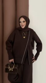 Muadil Asimetrik Fermuarlı İkili Takım - Kahverengi - Görsel 7