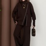 Muadil Asimetrik Fermuarlı İkili Takım - Kahverengi