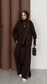 Muadil Asimetrik Fermuarlı İkili Takım - Kahverengi