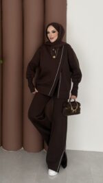 Muadil Asimetrik Fermuarlı İkili Takım - Kahverengi - Görsel 2