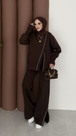 Muadil Asimetrik Fermuarlı İkili Takım - Kahverengi - Görsel 3