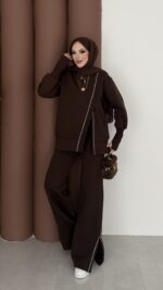 Muadil Asimetrik Fermuarlı İkili Takım - Kahverengi - Görsel 4