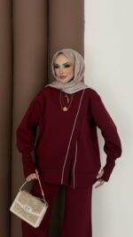 Muadil Asimetrik Fermuarlı İkili Takım - Bordo - Görsel 10