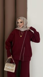 Muadil Asimetrik Fermuarlı İkili Takım - Bordo - Görsel 5