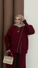 Muadil Asimetrik Fermuarlı İkili Takım - Bordo - Görsel 9