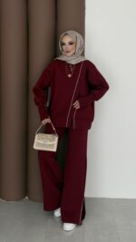 Muadil Asimetrik Fermuarlı İkili Takım - Bordo - Görsel 4