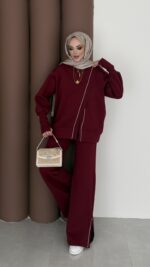 Muadil Asimetrik Fermuarlı İkili Takım - Bordo - Görsel 2