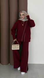 Muadil Asimetrik Fermuarlı İkili Takım - Bordo - Görsel 3