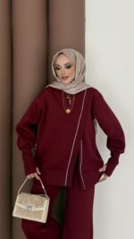 Muadil Asimetrik Fermuarlı İkili Takım - Bordo - Görsel 6