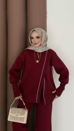 Muadil Asimetrik Fermuarlı İkili Takım - Bordo - Görsel 7