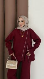 Muadil Asimetrik Fermuarlı İkili Takım - Bordo - Görsel 8