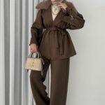 Elegant Kürklü Puf Scuba İkili Takım - Kahverengi