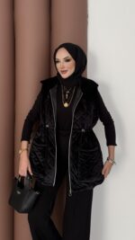 Kapitoneli Kadife Şişme Yelek - Siyah - Görsel 2