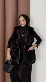 Kapitoneli Kadife Şişme Yelek - Siyah - Görsel 5