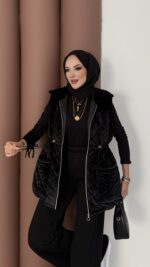 Kapitoneli Kadife Şişme Yelek - Siyah - Görsel 3