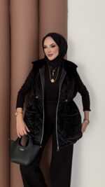 Kapitoneli Kadife Şişme Yelek - Siyah - Görsel 4