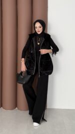 Kapitoneli Kadife Şişme Yelek - Siyah - Görsel 10