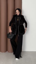 Kapitoneli Kadife Şişme Yelek - Siyah - Görsel 7