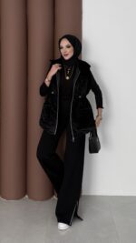 Kapitoneli Kadife Şişme Yelek - Siyah - Görsel 6