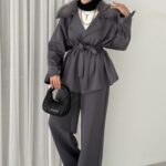 Elegant Kürklü Puf Scuba İkili Takım - Gri