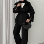 Elegant Kürklü Puf Scuba İkili Takım - Siyah