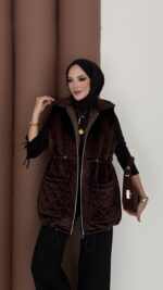 Kapitoneli Kadife Şişme Yelek - Kahverengi - Görsel 4