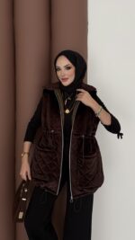 Kapitoneli Kadife Şişme Yelek - Kahverengi - Görsel 3