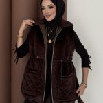 Kapitoneli Kadife Şişme Yelek - Kahverengi