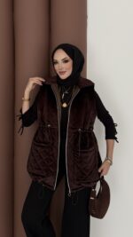 Kapitoneli Kadife Şişme Yelek - Kahverengi