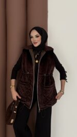 Kapitoneli Kadife Şişme Yelek - Kahverengi - Görsel 2