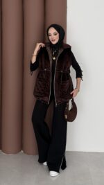 Kapitoneli Kadife Şişme Yelek - Kahverengi - Görsel 7