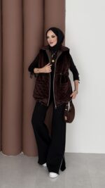 Kapitoneli Kadife Şişme Yelek - Kahverengi - Görsel 6