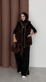 Kapitoneli Kadife Şişme Yelek - Kahverengi - Görsel 5