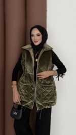 Kapitoneli Kadife Şişme Yelek - Haki - Görsel 2