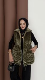 Kapitoneli Kadife Şişme Yelek - Haki - Görsel 4
