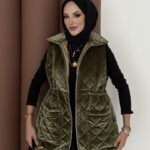 Kapitoneli Kadife Şişme Yelek - Haki