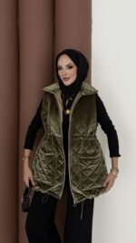 Kapitoneli Kadife Şişme Yelek - Haki