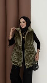 Kapitoneli Kadife Şişme Yelek - Haki - Görsel 3